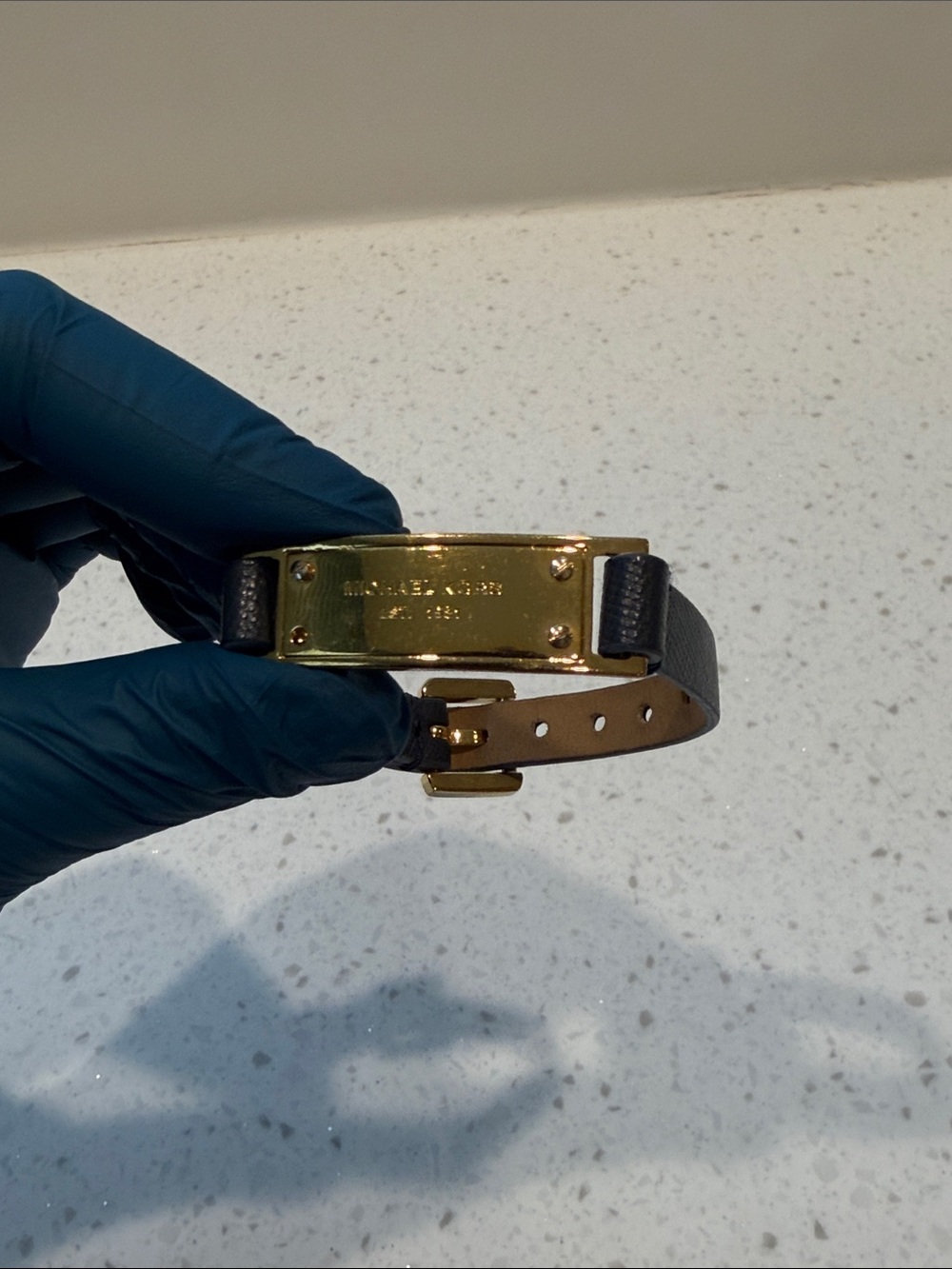 Michael Kors Navy Leather Bracelet with Gold Plaque
